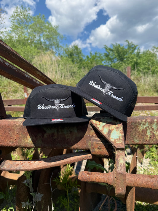 Bull N Horns | 7 Panel | Black-Western Threads Hat Co.